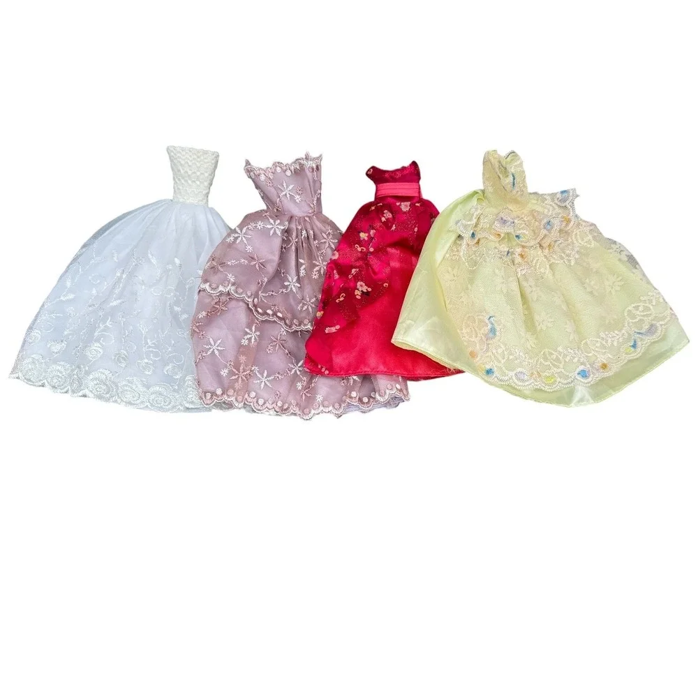 Lot of 4 Barbie Doll Ball Gowns Pink White Red Yellow Lace Satin Formal Dresses